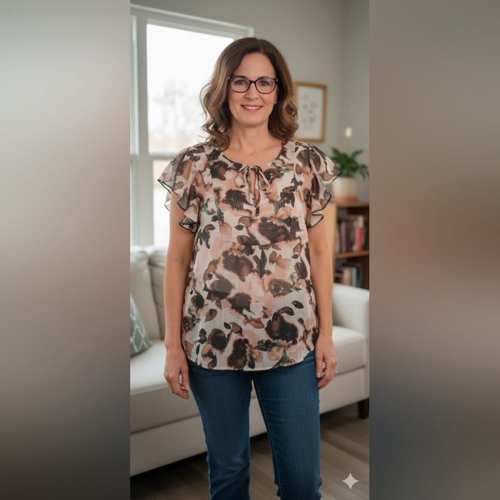 DKNY Brown and Cream Floral Blouse